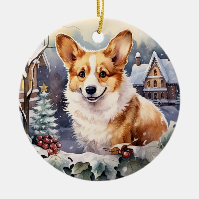 Cute Winter Christmas corgi  Ceramic Tree Decoration (Front)