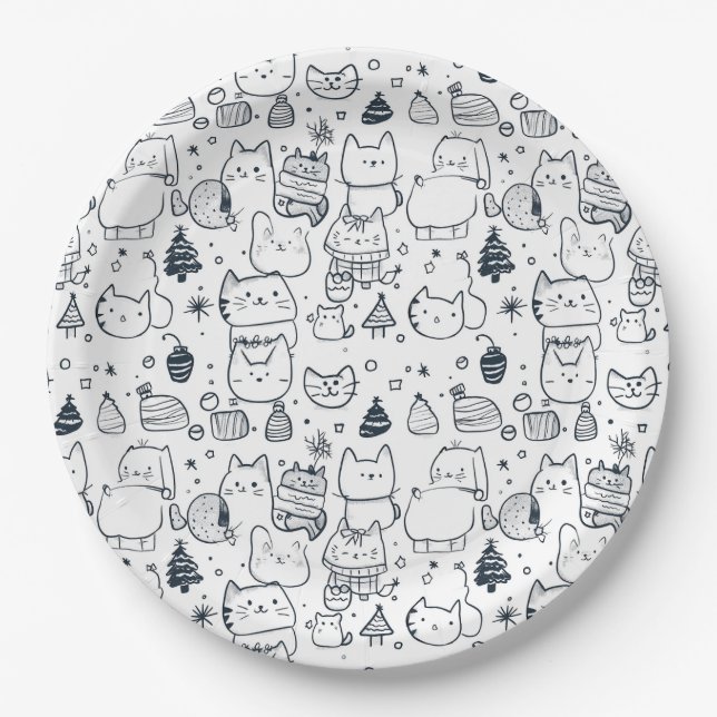 Cute Winter Christmas Doodle Pattern (1) Paper Plate (Front)
