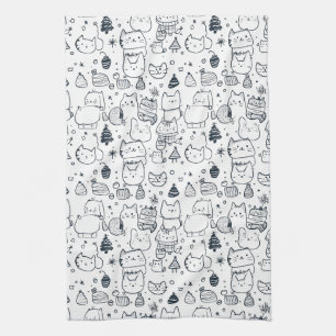 Cute Winter Christmas Doodle Pattern (1) Tea Towel
