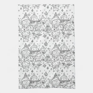 Cute Winter Christmas Doodle Pattern (2) Tea Towel