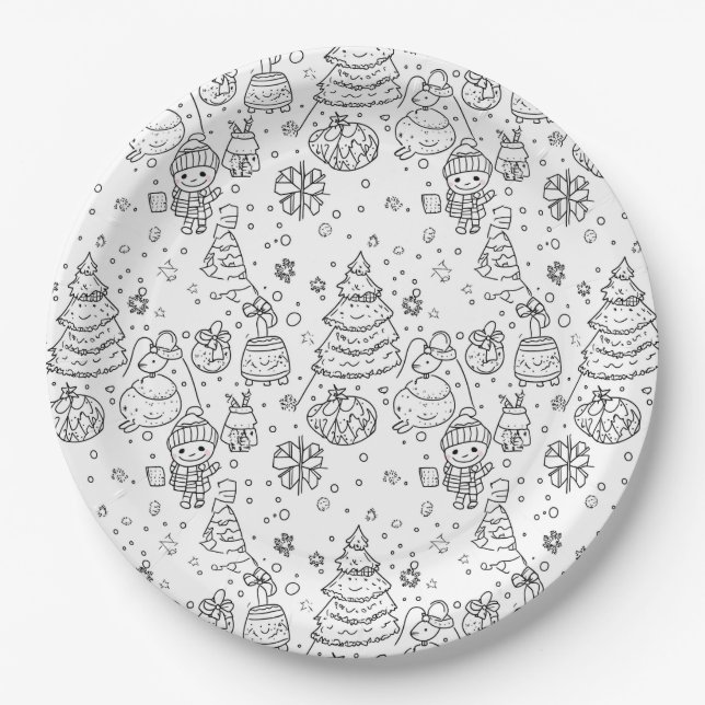 Cute Winter Christmas Doodle Pattern (3) Paper Plate (Front)