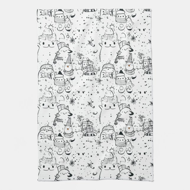 Cute Winter Christmas Doodle Pattern (4) Tea Towel (Vertical)