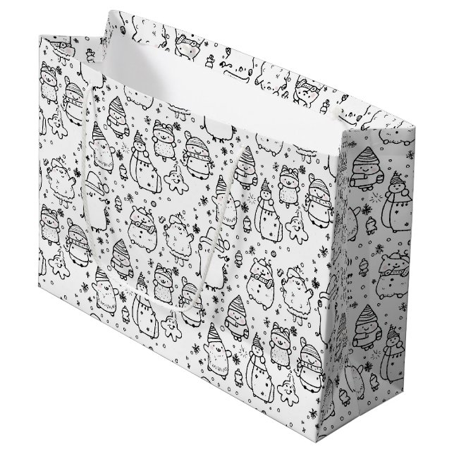 Cute Winter Christmas Doodle Pattern (5) Large Gift Bag (Front Angled)