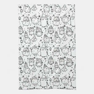 Cute Winter Christmas Doodle Pattern (5) Tea Towel