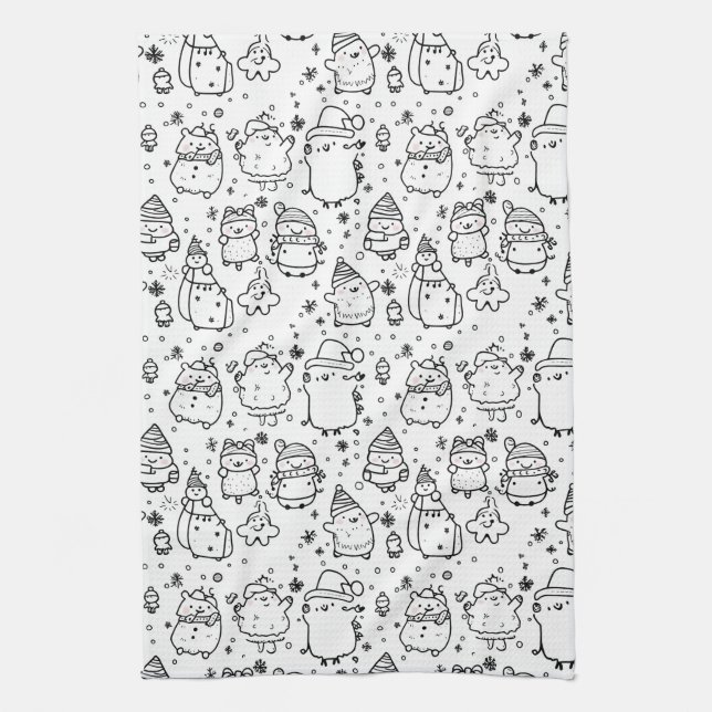 Cute Winter Christmas Doodle Pattern (5) Tea Towel (Vertical)