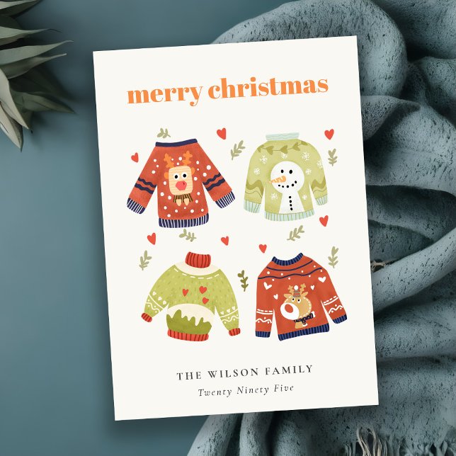 Cute Winter Christmas Hearts Leafy Ugly Sweater  Holiday Card (Creator Uploaded)