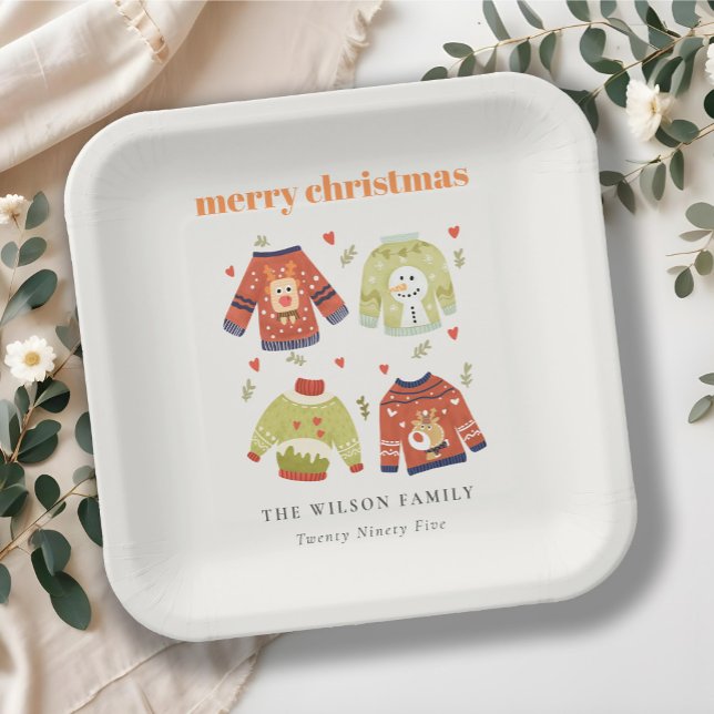 Cute Winter Christmas Hearts Leafy Ugly Sweater  Paper Plate (Creator Uploaded)