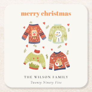 Cute Winter Christmas Hearts Leafy Ugly Sweater Square Paper Coaster