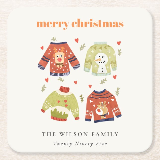 Cute Winter Christmas Hearts Leafy Ugly Sweater  Square Paper Coaster (Front)