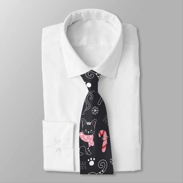Cute Winter Christmas Kitty Cat Pattern Tie (Tied)