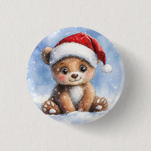 Cute Winter Christmas Santa Bear Cub Watercolor  3 Cm Round Badge