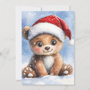 Cute Winter Christmas Santa Bear Cub Watercolor Holiday Card