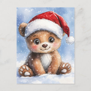 Cute Winter Christmas Santa Bear Cub Watercolor Holiday Postcard
