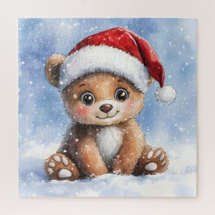 Cute Winter Christmas Santa Bear Cub Watercolor Jigsaw Puzzle