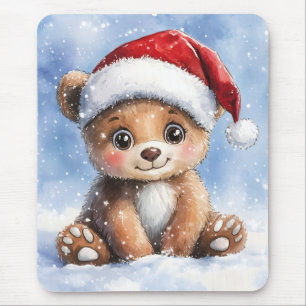 Cute Winter Christmas Santa Bear Cub Watercolor Mouse Mat
