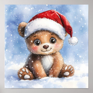 Cute Winter Christmas Santa Bear Cub Watercolor Poster