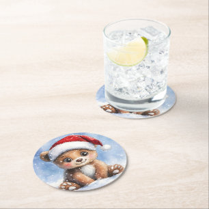 Cute Winter Christmas Santa Bear Cub Watercolor  Round Paper Coaster