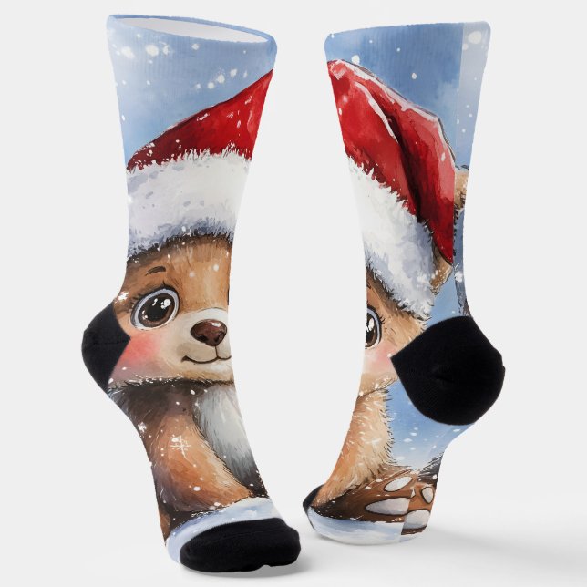 Cute Winter Christmas Santa Bear Cub Watercolor  Socks (Angled)