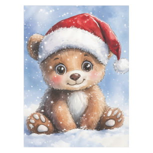 Cute Winter Christmas Santa Bear Cub Watercolor Tablecloth