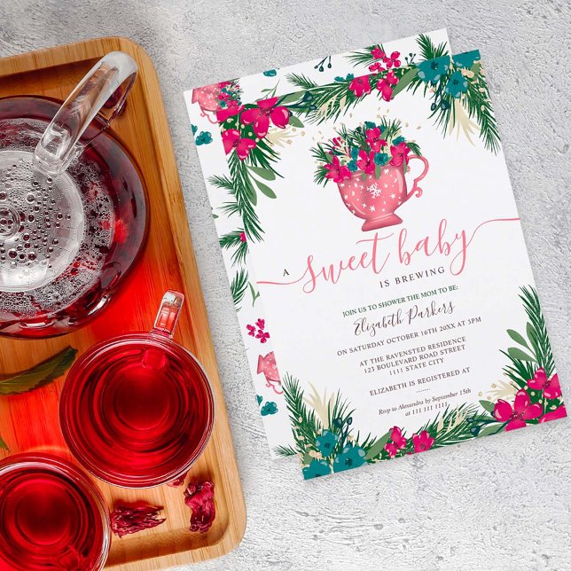 Cute winter christmas tea brewing baby shower invitation (Creator Uploaded)