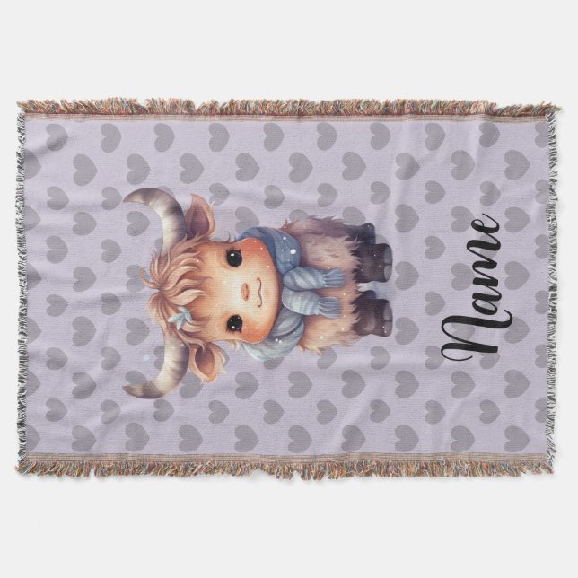 Cute winter cow and hearts throw blanket (Front)
