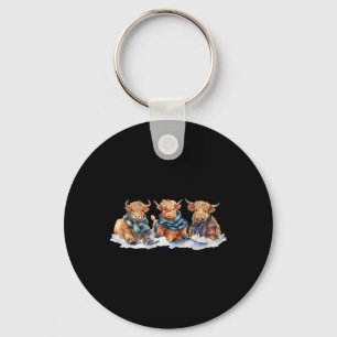 Cute Winter Cows Plaid Scarf Skiing Snowshoe Snow  Key Ring