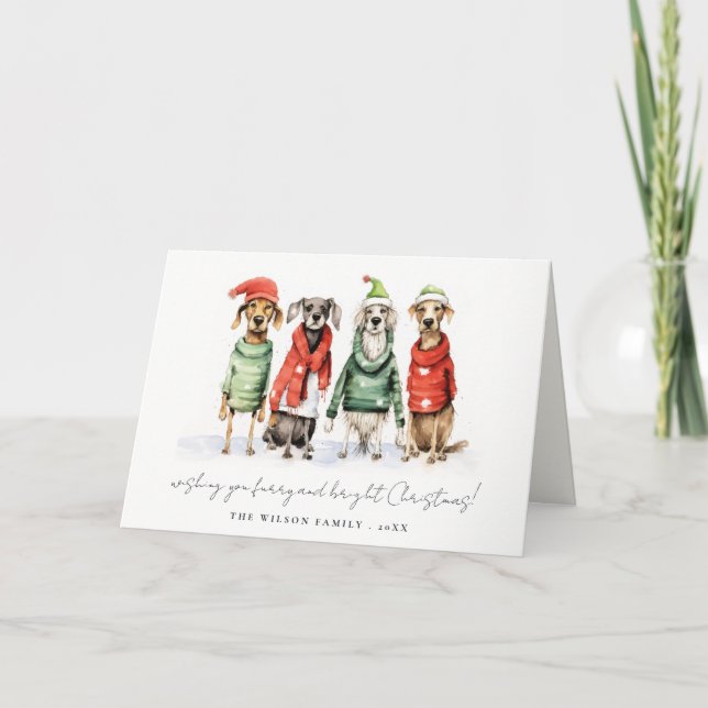 Cute Winter Dogs Sweater Furry & Bright Christmas  Holiday Card (Front)