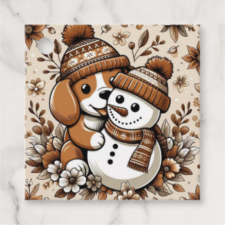 Cute Winter Duo: Dog in Patterned Hat and Snowman Favour Tags