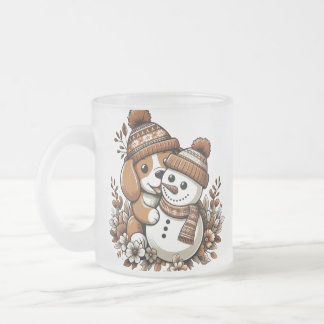 Cute Winter Duo: Dog in Patterned Hat and Snowman Frosted Glass Coffee Mug