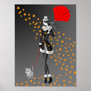 Cute Winter Duo Lady & Dog Walking in Autumn Poster