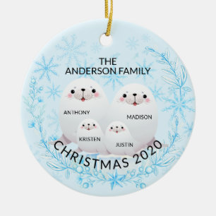 Cute Winter Family Of 4 Seals Christmas Ceramic Tree Decoration