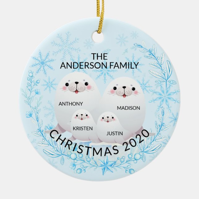 Cute Winter Family Of 4 Seals Christmas Ceramic Tree Decoration (Front)
