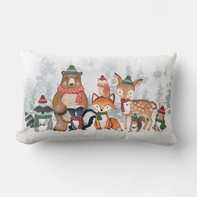 Cute Winter Forest Animals Woodland Baby Nursery Lumbar Cushion (Front)