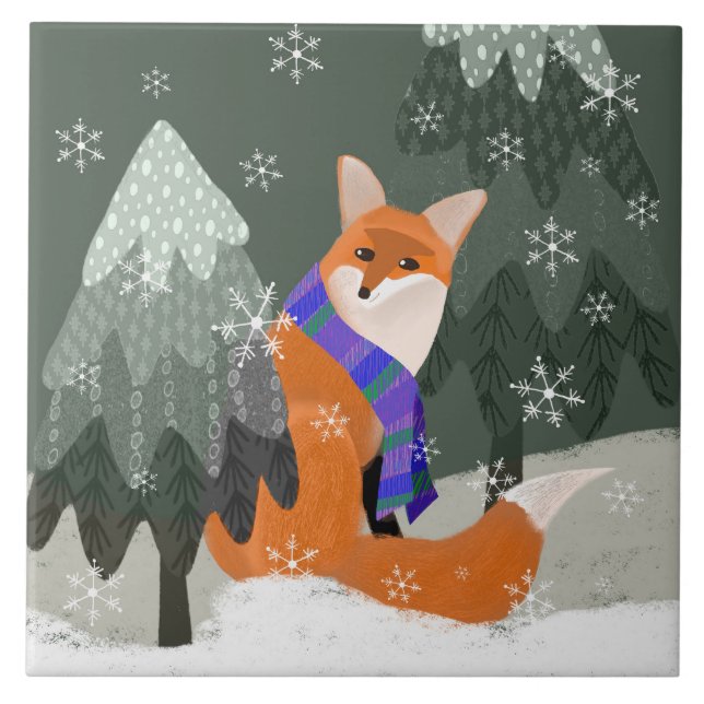 Cute Winter Fox Ceramic Kitchen Tile (Front)