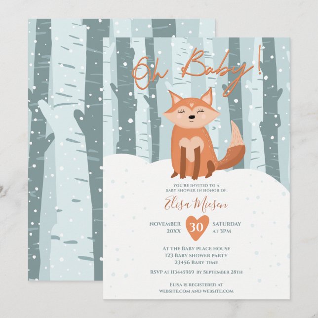 Cute winter fox snow illustration Oh baby shower Invitation (Front/Back)