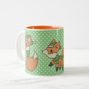Cute Winter Foxes on Green Polka Dot Two-Tone Coffee Mug