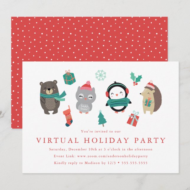 Cute Winter Friends Kid's Virtual Holiday Party Invitation (Front/Back)