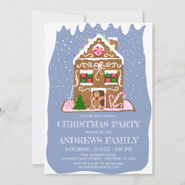 Cute Winter Gingerbread Candy House Christmas Invitation (Front)