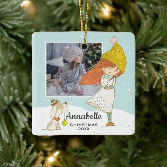 Cute Winter Girl and Dog Illustration Photo Ceramic Ornament (Tree)