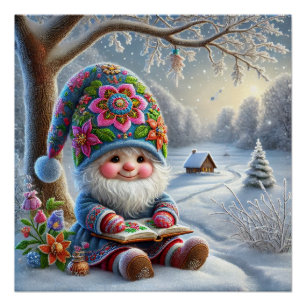 Cute Winter Gnome in a Cosy Winter Landscape Poster