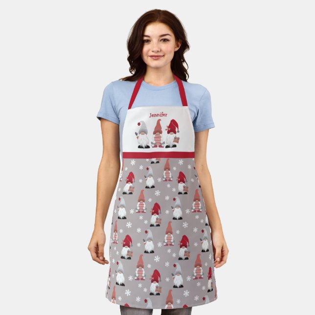 Cute Winter Gnomes Red Grey Pink Nordic Apron (Worn)