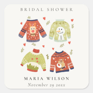 Cute Winter Heart Leafy Ugly Sweater Bridal Shower Square Sticker