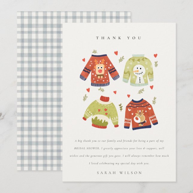 Cute Winter Heart Leafy Ugly Sweater Bridal Shower Thank You Card (Front/Back)