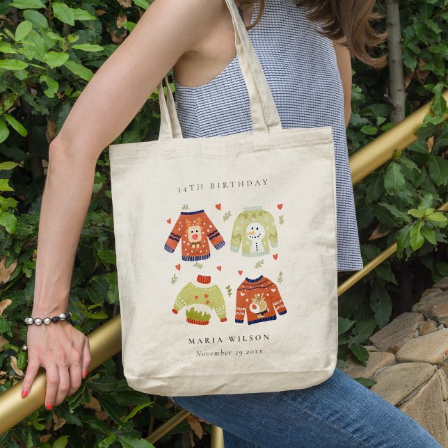 Cute Winter Heart Ugly Sweater Any Age Birthday Tote Bag (Creator Uploaded)