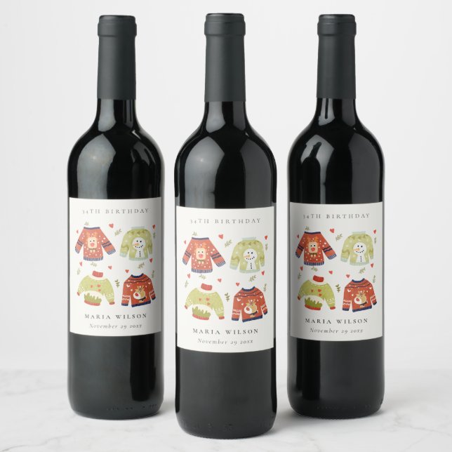 Cute Winter Heart Ugly Sweater Any Age Birthday Wine Label (Bottles)