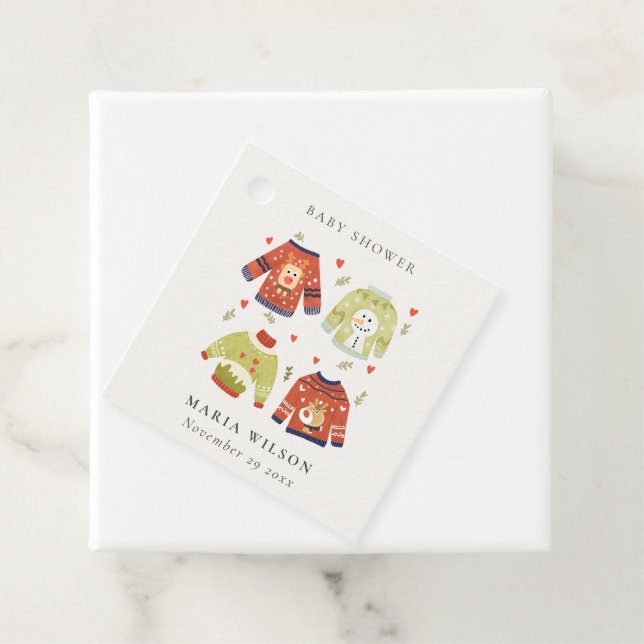 Cute Winter Hearts Leafy Ugly Sweater Baby Shower  Favour Tags (In Situ)