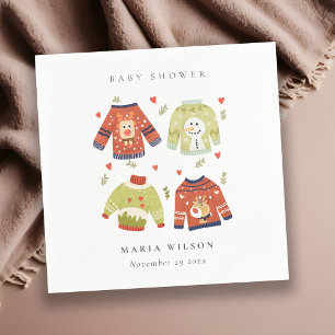 Cute Winter Hearts Leafy Ugly Sweater Baby Shower Napkin