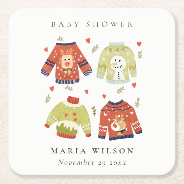 Cute Winter Hearts Leafy Ugly Sweater Baby Shower  Square Paper Coaster (Front)