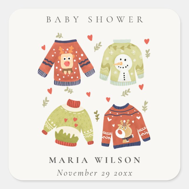 Cute Winter Hearts Leafy Ugly Sweater Baby Shower  Square Sticker (Front)