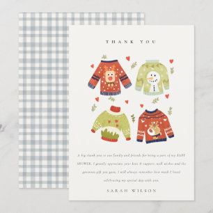 Cute Winter Hearts Leafy Ugly Sweater Baby Shower Thank You Card